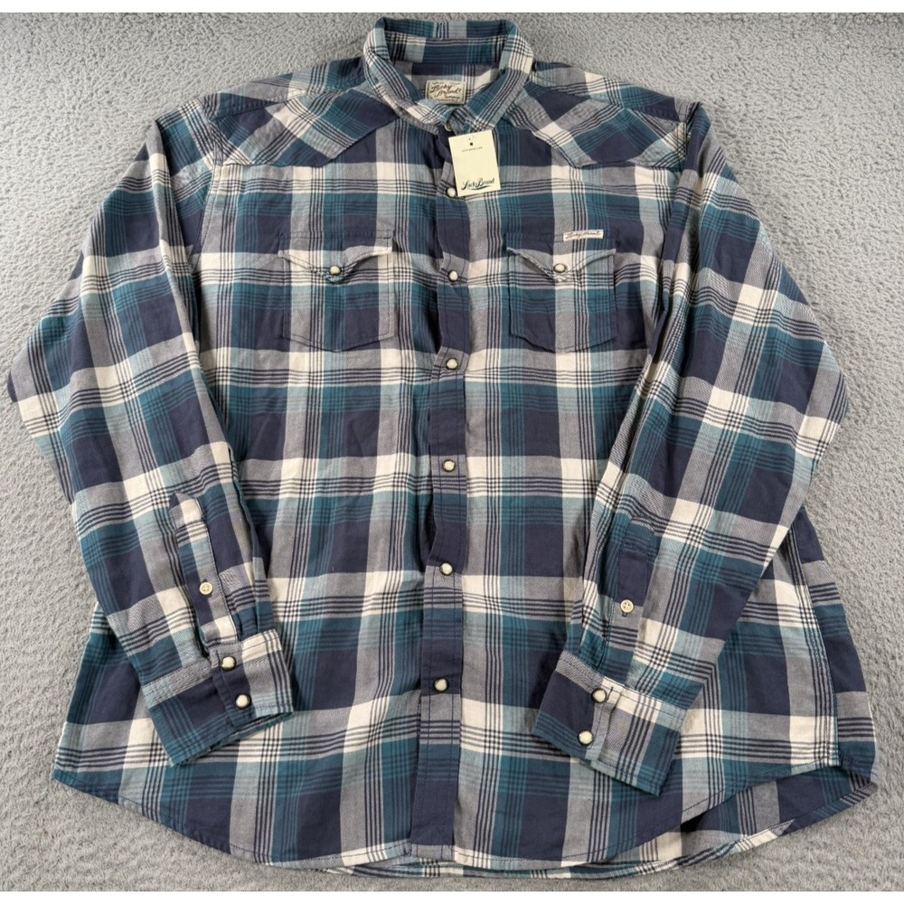 Lucky Brand Western Shirt Mens 2XL Blue Plaid Pearl Snap Long Sleeve Flap Pocket
